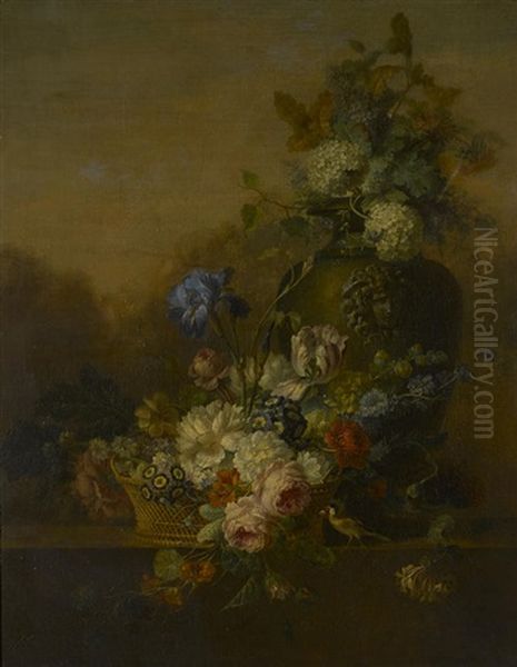 A Bouquet Of Flowers In A Wicker Basket In A Landscape - view 1