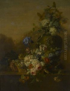 A Bouquet Of Flowers In A Wicker Basket In A Landscape by Willem van Leen