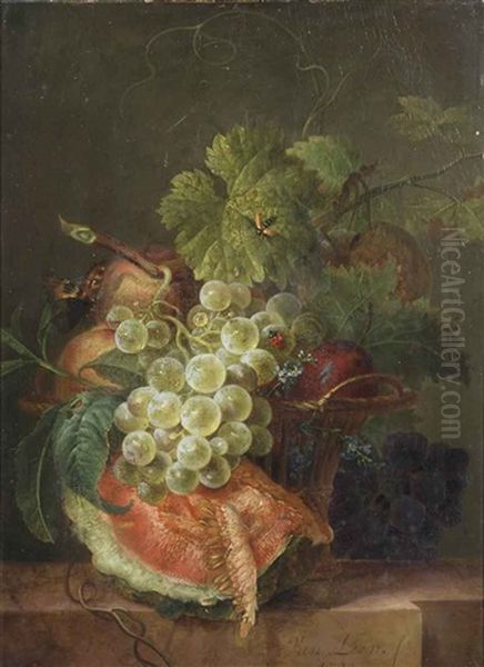 A Slice Of Melon And Grapes In A Basket, With A Ladybug And Other Insects, All On A Marble Ledge - view 1