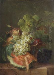 A Slice Of Melon And Grapes In A Basket, With A Ladybug And Other Insects, All On A Marble Ledge by Willem van Leen
