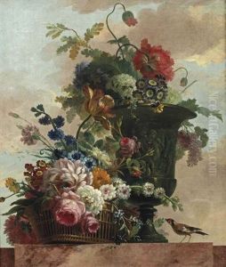 A Wicker Basket With Roses, Peonies And Tulips And Other Flowers In A Sculptured Vase, With A Bird On A Marble Ledge by Willem van Leen