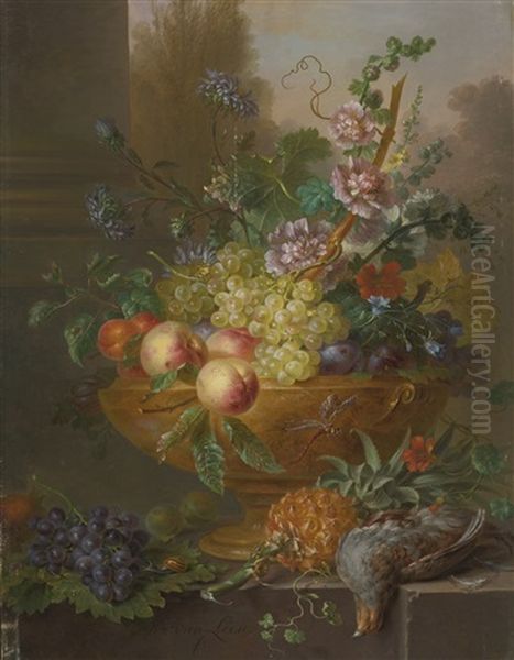 An Urn Filled With Flowers, Grapes, Peaches, Plums And Apricots, A Pineapple And A Pigeon In The Foreground - view 1
