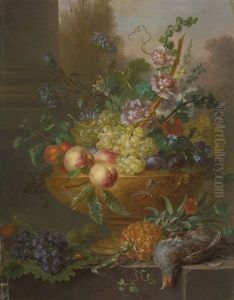 An Urn Filled With Flowers, Grapes, Peaches, Plums And Apricots, A Pineapple And A Pigeon In The Foreground by Willem van Leen