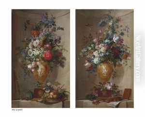 Roses, Mums, Lilac, A Sunflower, An Iris And Other Flowers In A Sculpted Vase, A Basket Of Peaches; Tulips, Roses, Narcissi, Morning Glory (pair)