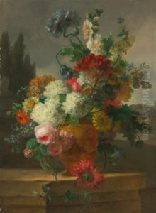 Still Life Of Flowers In A Vase Resting On A Stone Ledge, A Landscape In The Background by Willem van Leen