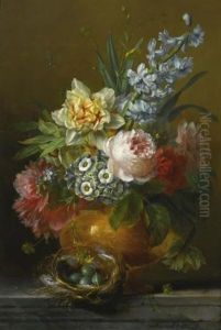 A Still Life With Roses, Hyacinths, Auricula, Pink Peonies, Forget-me-nots And Buttercups In A Stone Vase, On A Stone Ledge Together With A Dunnock's Nest And A Dragonfly