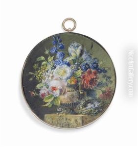 A Still-life Of Flowers In A Sculpted Stone Vase On A Stone Plinth Including Peonies, Delphiniums, Auriculae, Old Roses And Tulips, Next To A Bird's Nest Containing Three Eggs