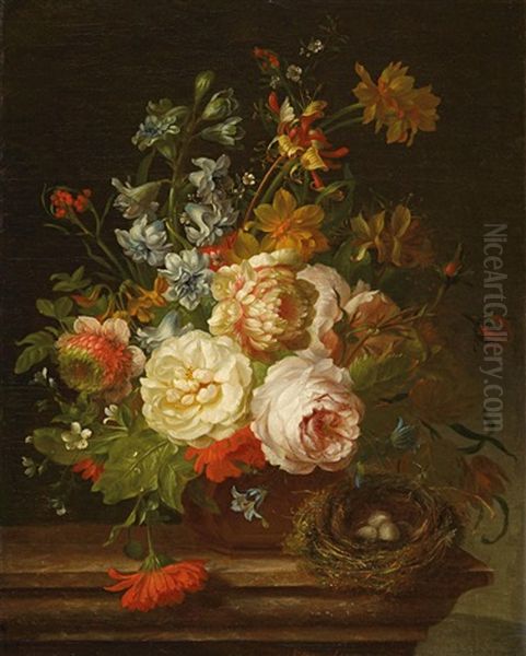 Groses Blumenstillleben Mit Einem Vogelnest - view 1