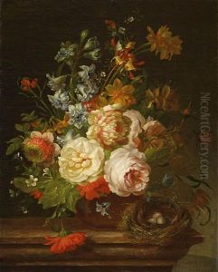Groses Blumenstillleben Mit Einem Vogelnest