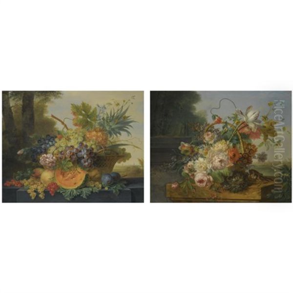 Still Life With A Basket Of Flowers, A Bird's Nest And A Songbird (+ Still Life With A Basket Of Fruit On A Ledge Before A Landscape; Pair) - view 1