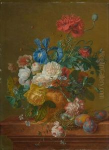 Stilleben Mit Blumen Und Vogelnest
