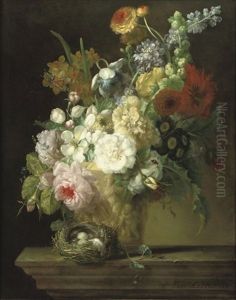 Roses, Chrysanthemums, Anemonies And Other Flowers In A Sculpted Vase With A Bird's Nest On A Stone Ledge