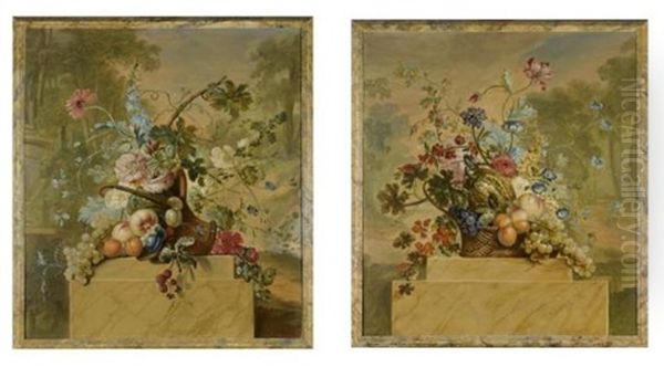 Still Lifes Of Fruit And Flowers In Baskets On Marble Socles, In A Landscape Setting (pair) - view 1