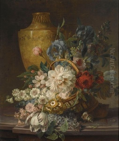 A Still Life With Roses, A Tulip, Forget-me-nots, Hyacinths, Irises And Other Flowers In A Reed Basket, Together With A Stone Urn And A Shell, All On A Stone Ledge - view 1