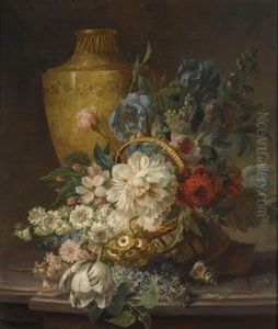 A Still Life With Roses, A Tulip, Forget-me-nots, Hyacinths, Irises And Other Flowers In A Reed Basket, Together With A Stone Urn And A Shell, All On A Stone Ledge