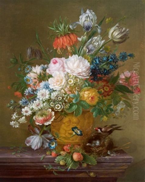 Ein Blumenstraus Mit Tulpen, Rosen, Wicken, Pfingstrose, Kaiserkrone In Einer Figural Geschmuckten Vase Sowie Erdbeeren Und Einem Vogelnest Mit Einem Stieglitz - view 1