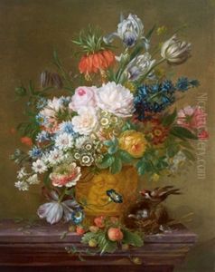 Ein Blumenstraus Mit Tulpen, Rosen, Wicken, Pfingstrose, Kaiserkrone In Einer Figural Geschmuckten Vase Sowie Erdbeeren Und Einem Vogelnest Mit Einem Stieglitz