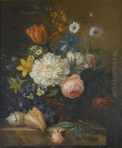 Roses, A Tulip, Violets, An Iris And Other Flowers In A Bronze Urn With A Rose, Conch Shells And Grapes On A Stone Ledge