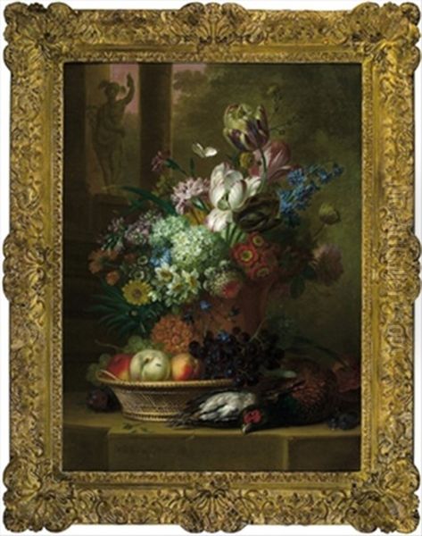 Ein Blumenstraus Mit Tulpen, Schneeballen, Einer Rose Und Anderen Bluten In Einer Vase, Davor Ein Korb Mit Pfirsichen Und Weintrauben - view 1