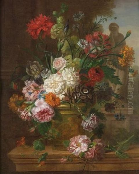 Chrysanthemums, Carnations, Roses, Morning Glory And Other Flowers In A Stone Urn On A Stone Ledge, A Classical Statue Beyond - view 1