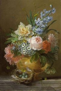 A Still Life With Roses, Hyacinths, Auricula, Forget-me-nots, A Poppy Anemone, Pink Peonies And Buttercups In A Stone Vase, All On A Stone Ledge Together With A Dunnock's Nest And A Dragon-fly