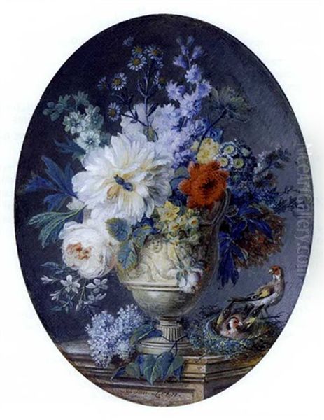 A Still Life Of Flowers In A Stone Vase Sculpted With Amorini On A Stone Ledge Including A Peony, Anemones, Old Roses, Auriculae, Chrysanthemums, Daisies, Larkspur And Acanthus Leaves, Two Goldfinches - view 1