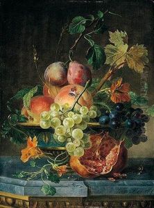Still Life With Grapes, Peaches, Plums And Nasturtiums In An Ornate Bowl, With A Snail On A Stone Ledge