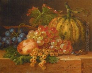 A Melon, Bunches Of Grapes, A Peach And Gooseberries On A Marble Ledge