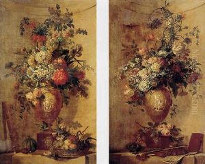 An Elaborate Still Life Of Flowers In An Urn, With A Basket Of Fruit, All Resting On A Ledge