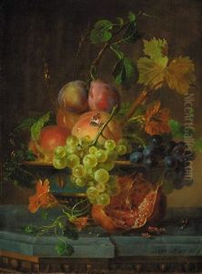 Grapes On The Vine, Peaches, Plums And Nsturtiums In An Ornate Urn, With A Butterfly, A Pomegranate And A Snail On A Marble Ledge