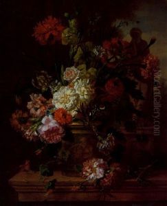 A Still Life Of Flowers In A Vase Decorated With A Relief, A Dragonfly, A Garden Statue And Parkland Landscape Beyond