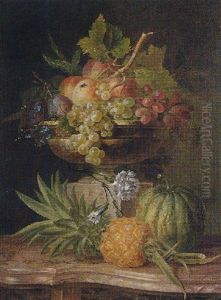 Still Life Of Peaches, Grapes And Plums In A Sculpted Urn On A Pedestal, With A Pineapple And Melon by Willem van Leen