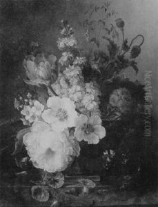 A Still Life Of Flowers On A Blue Glass Vase Beside A Bird's Nest On A Stone Ledge A Still Life Of Flowers On A Blue Glass Vase Beside A Bird's Nest On A Stone Ledge