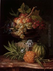 Still Life Of Peaches, Grapes And Plums In A Sculpted Urn. With A Pineapple And Melon Resting On A Marble Topped Commode