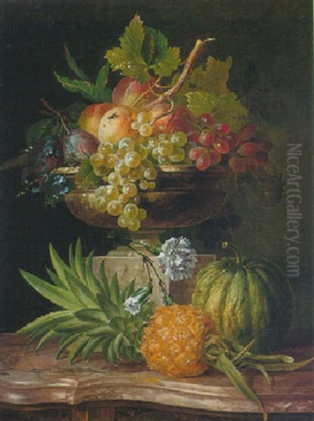 Still Life Of Peaches, Grapes, Plums In A Sculpted Urn And Other Fruit On A Marble-topped Commode - view 1