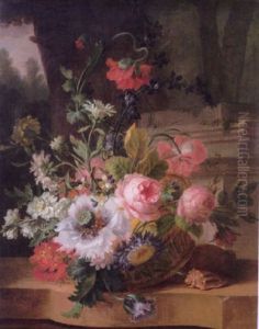 Still Life Of Poppies, Roses, Violets And Other Flowers In A Basket With A Shell On A Stone Ledge by Willem van Leen