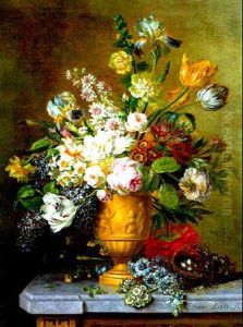 Roses, Tulips And Other Flowers In A Stone Vase With A Bird's Nest On A Marble Top Table