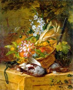 Corn, A Sprig Of Flowers, Grapes And Other Fruit In A Basket On A Stone Ledge With A Gun, A Brace Of Partridge And A Pouch Nearby And A Dragonfly Hovering Above