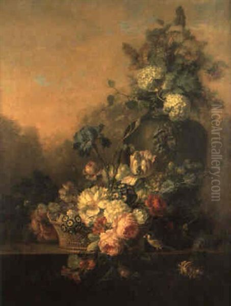 Bouquet De Fleurs Dans Une Corbeille D'osier Dans Un Paysage - view 1