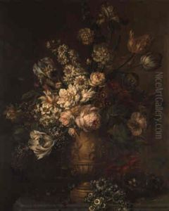 Still Life Of Mixed Flowers In A Vase And A Bird's Nest On A Marble Ledge by Willem van Leen