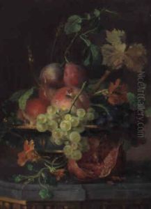 Peaches, Plums And Grapes In A Vase With A Pomegranate...on A Ledge by Willem van Leen