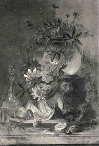 A Still Life Of A Goldfish Bowl On A Classical Terracotta Vase - view 1