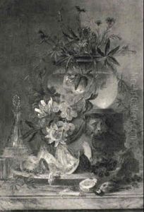 A Still Life Of A Goldfish Bowl On A Classical Terracotta Vase by Willem van Leen