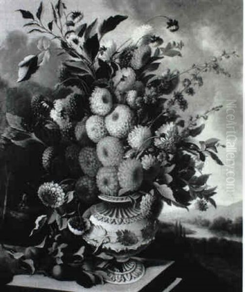 Peonies And Cornflowers In An Urn On A Ledge - view 1