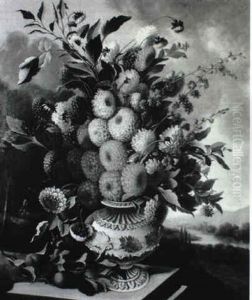 Peonies And Cornflowers In An Urn On A Ledge