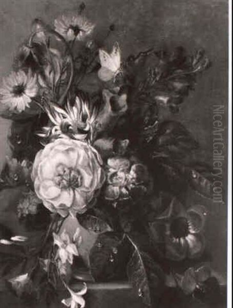 Peonies, Morning Glory And Other Flowers In A Vase On A Ledge - view 1