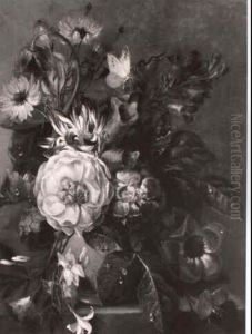Peonies, Morning Glory And Other Flowers In A Vase On A Ledge by Willem van Leen
