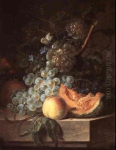 Floral Still Life With A Melon, A Peach, A Pomegranate, And Grapes On A Ledge, A Butterfly Above by Willem van Leen