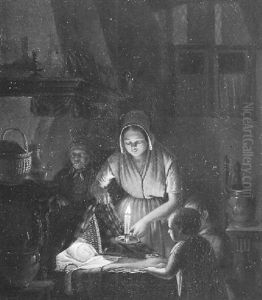 Interieur Met Moeder En Haar Kinderen Bij Kaarslicht by Thomas Van Leent