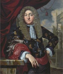 Portrait Of A Gentleman Standing On A Balcony In A Satin Brocade Japansche Rok, Lace Jabot And Wig, A Garden With An Antique Statue Parlante Beyond Portrait Of A Gentleman Standing On A Balcony In A Satin Brocade Japansche Rok, Lace Jabot And Wig, A Garden With An Antique Statue Parlante Beyond